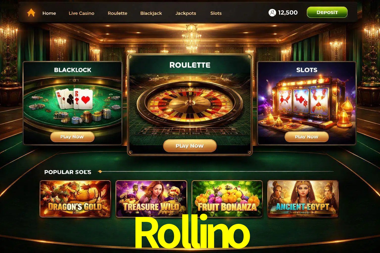 Vista de la plataforma Rollino Casino mostrando categorías organizadas de juegos en línea