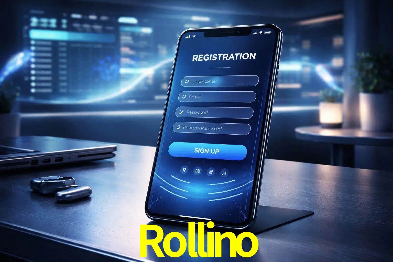 Una interfaz moderna de registro móvil para Rollino mostrada en un smartphone con un panel de apuestas elegante.